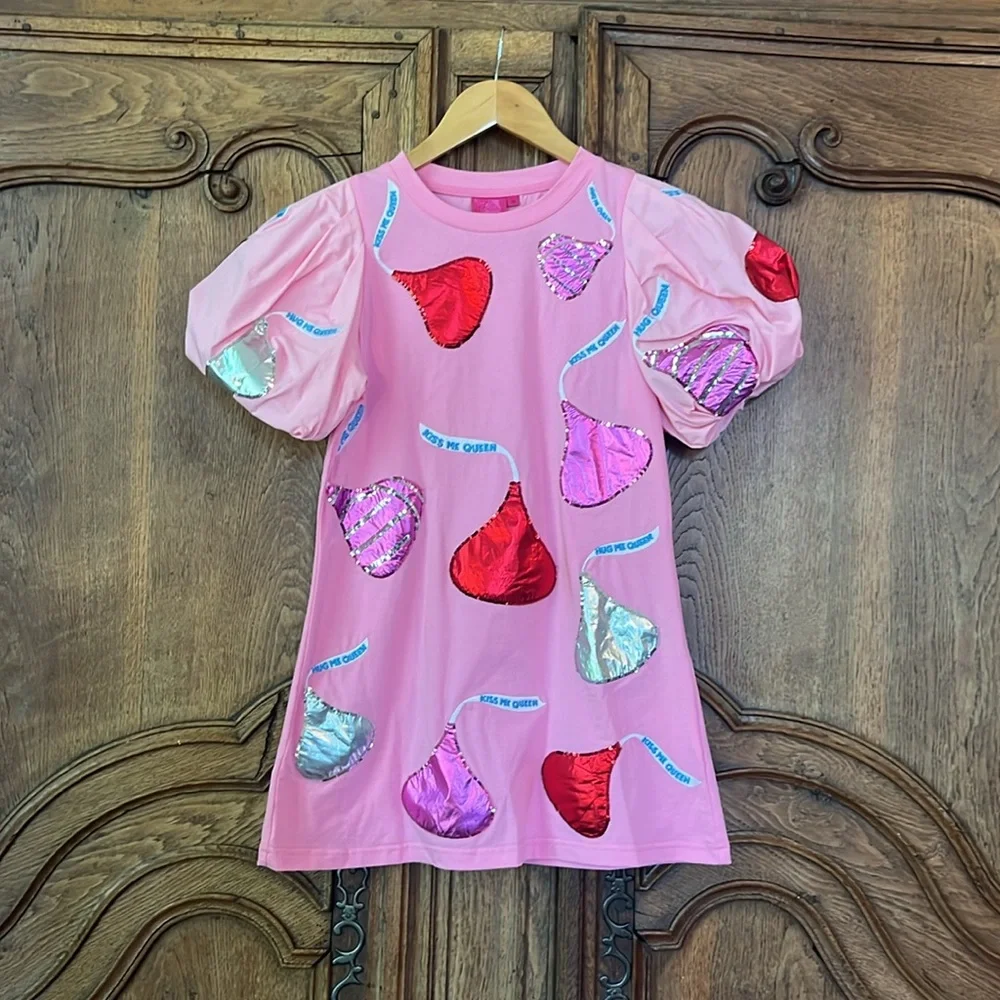 Queen Of Sparkles Kids Pink Kiss Me Queen Poof Sleeve Dress - Picture 4 of 11